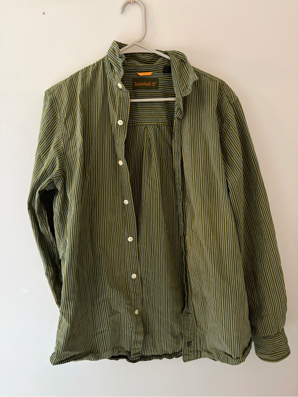 VintageTimberland Olive and White Striped Collared Shirt with Orange Logo Accent